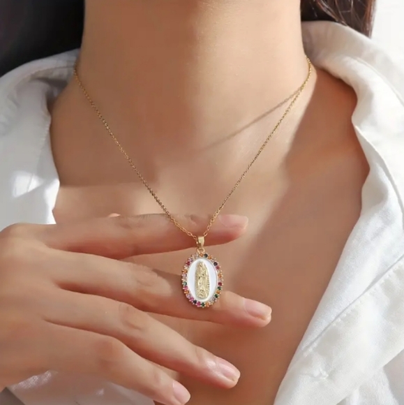 Gold Virgin Mary Rhinestone Necklace - Picture 2 of 7